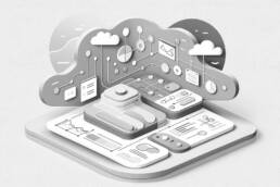 three-dimensional digital art with a flat rounded square base and a cloud shaped backdrop depicting artificial intelligence as a guide to improving personal workflows