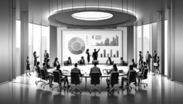 boardroom with executives seated around a large round table observing a presentation on a large screen at the front of the room with charts and graphs