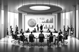 boardroom with executives seated around a large round table observing a presentation on a large screen at the front of the room with charts and graphs