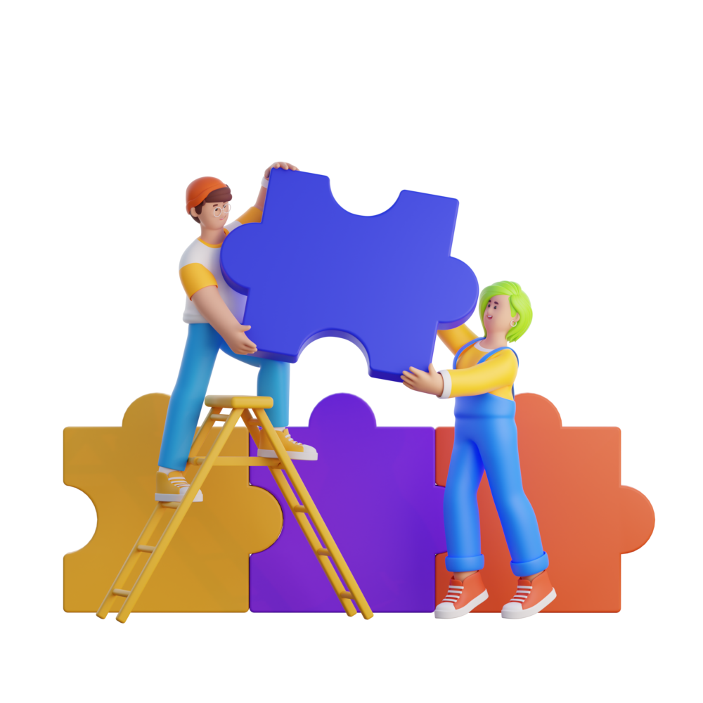 three dimensional graphic people handling a puzzle piece