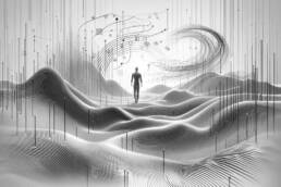 A human facing addictive AI convenience with data flowing all around